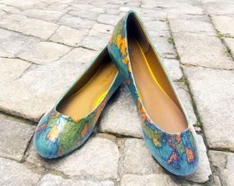Decoupage World Map Shoes / Map Flats / Women&#39;s Decoupage Flats / Women&#39;s Flats / World Map Shoes / Custom Map Shoes / World Map Flats