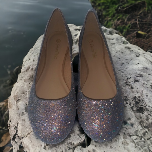 Glitter Flats / Grey Glitter Flats / Wedding Shoes / Sparkle Flats / Sparkly Shoes / Wedding Flats / Women's Pumps / Fog Grey Flats
