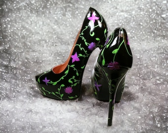 Flower Heels / Hand Painted Flower Shoes / Hand Painted Heels / Pink & Purple Flower Heels / Custom Flower Heels / Custom Flower Shoes