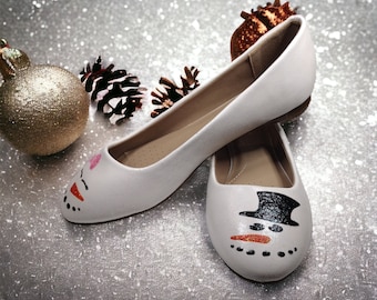 Hand Painted Glitter Snowman Flats: Custom Christmas Shoes
