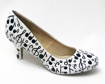 Music Note Heels / Music Shoes / Black & White Music Pumps / Black Music Note Shoes / Hand Painted Heels / Custom Painted High Heels