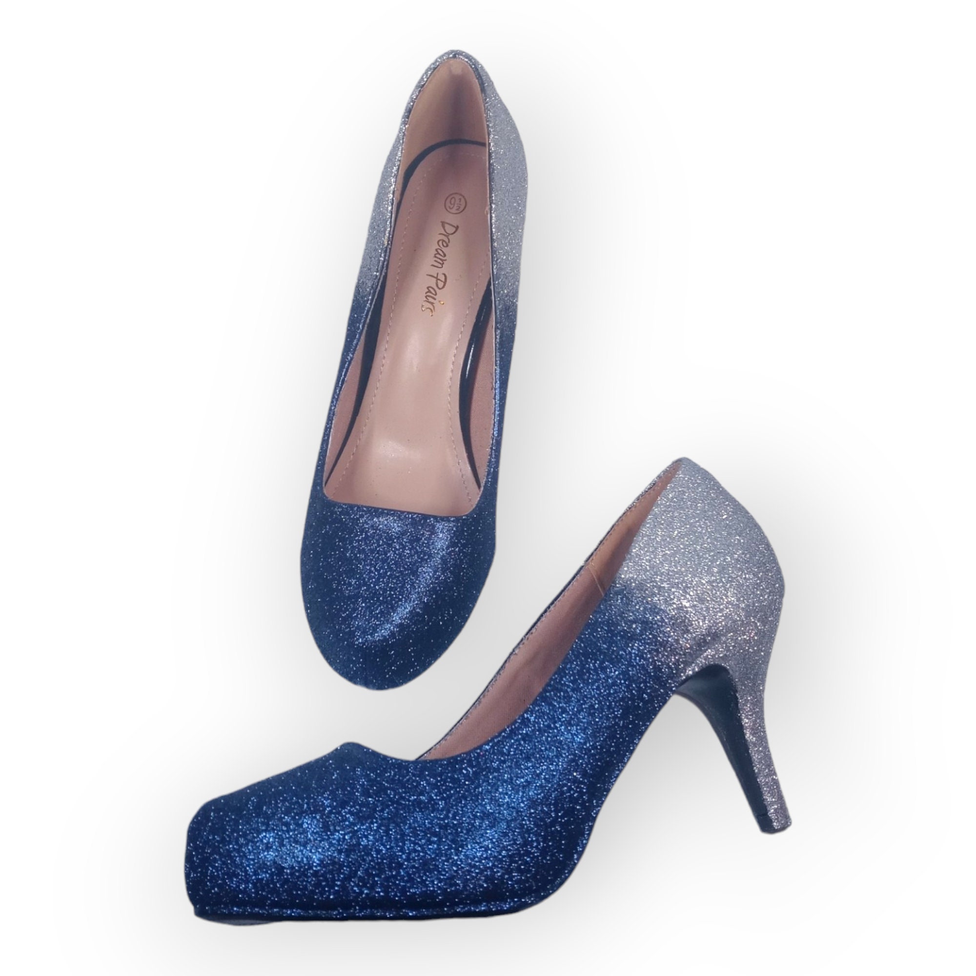 Navy sparkly shoes low heel 2025