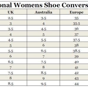 May include: A chart showing women's shoe size conversions between US/Canada, UK, Australia, Europe, and Japan. The chart shows sizes from 5 to 11 in US/Canada, 2.5 to 8.5 in UK, 3.5 to 9.5 in Australia, 35 to 44 in Europe, and 21 to 28 in Japan.