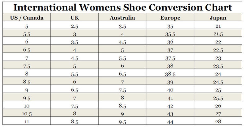 May include: A chart showing women's shoe size conversions between US/Canada, UK, Australia, Europe, and Japan. The chart shows sizes from 5 to 11 in US/Canada, 2.5 to 8.5 in UK, 3.5 to 9.5 in Australia, 35 to 44 in Europe, and 21 to 28 in Japan.
