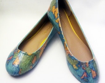 Decoupage World Map Shoes / Map Flats / Women's Decoupage Flats / Women's Flats / World Map Shoes / Custom Map Shoes / World Map Flats