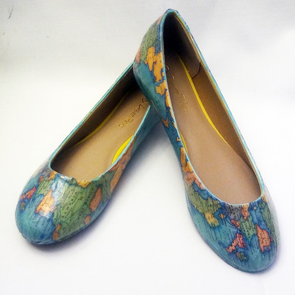 Decoupage World Map Shoes / Map Flats / Women's Decoupage Flats / Women's Flats / World Map Shoes / Custom Map Shoes / World Map Flats