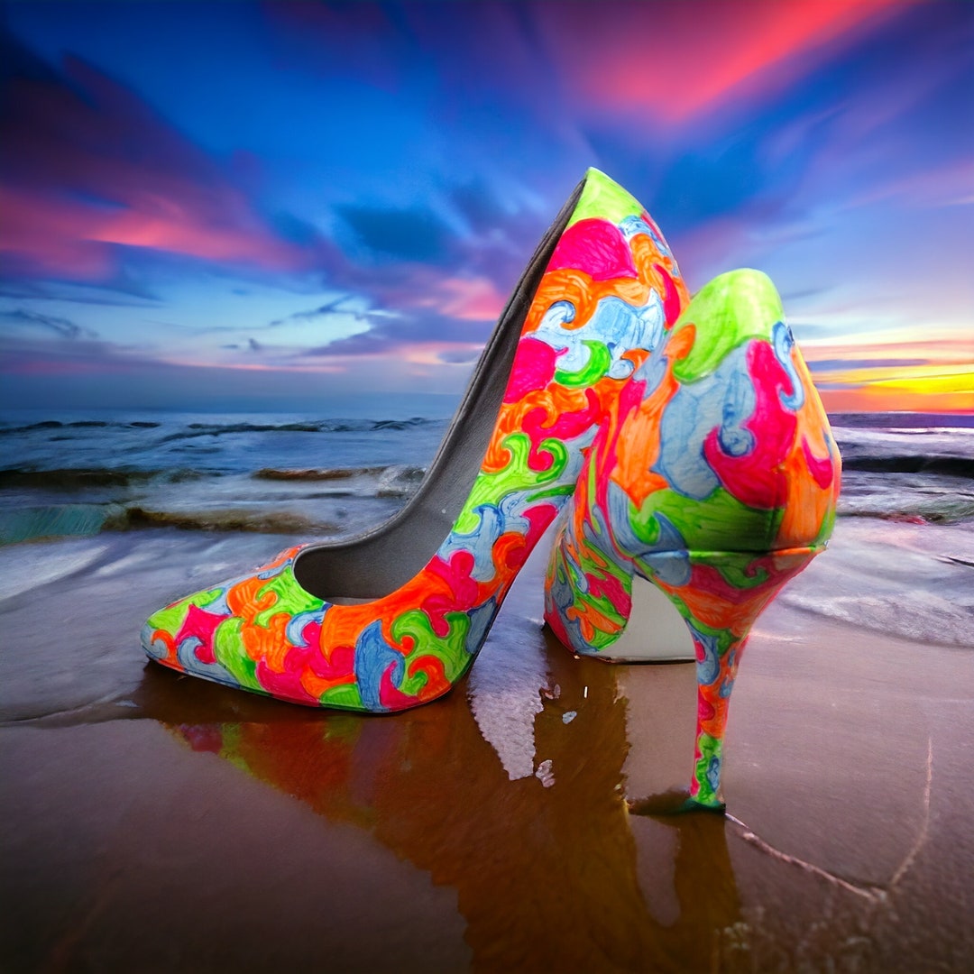 Hand-painted Neon Heels: Retro Hot Pink Pumps - Etsy