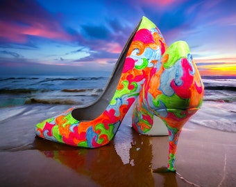 Neon Heels / Painted Heels / Summer Shoes / Women's Heels / Neon Shoes / Hot Pink Heels / Women's Pumps / Women's Shoes / Retro Heels