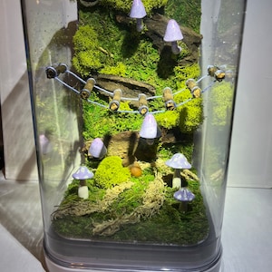 May include: A miniature forest scene in a glass terrarium with a mossy base, small wooden logs, and purple mushrooms with white spots.