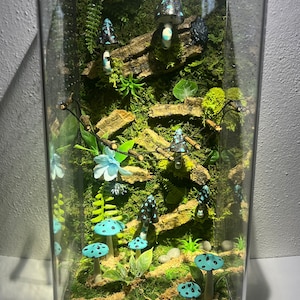 May include: A miniature terrarium with a mossy green base and a variety of blue and black mushrooms. The terrarium is enclosed in a clear glass container.