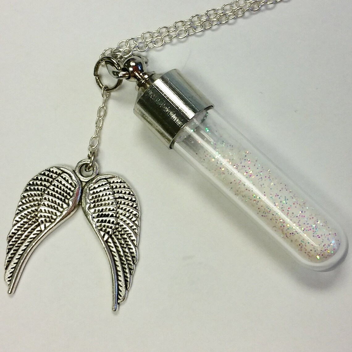 Gemstone or Glitter Vial Necklace with Angel Wing Charm Etsy