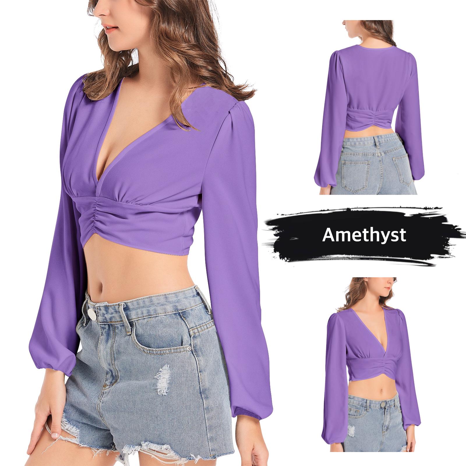 Deep V Neck Crop Top With Lantern Sleeves | Long Sleeve Crop Tops