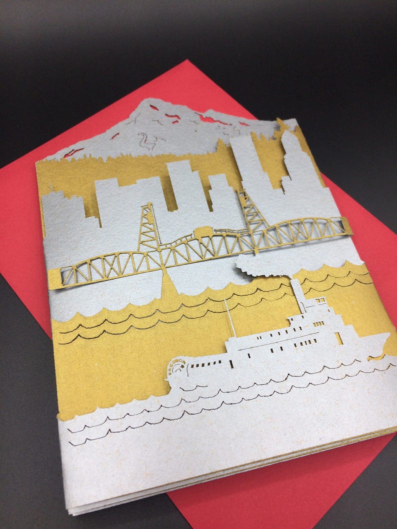 Portland Skyline Greeting Card Mount Hood Portland Oregon Etsy