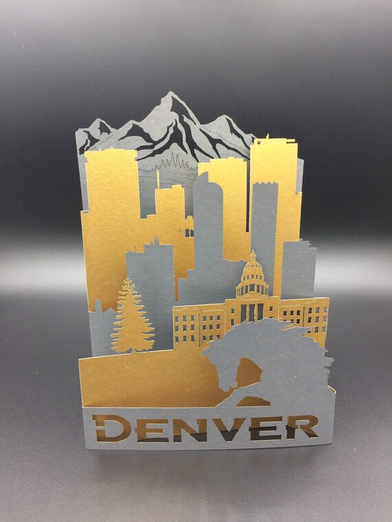 Denver Colorado Unique Premium Greeting Card Beautiful Silhouette Postcard Rocky Mountains Skyline Layered Pop Up City Laser Cut Gift - 