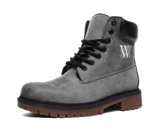Botas grises con monograma de piel vegana / Botas grises personalizadas para mujer y hombre