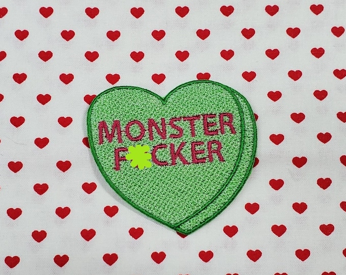 Monster F*cker Candy Heart Patch, Valentine Emblem, Crude Candy Symbol, Fully Embroidered Heart Morale Patch