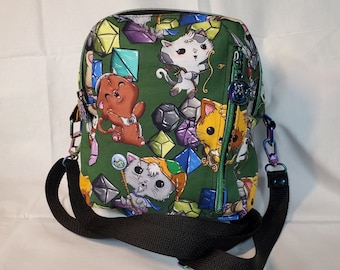 Cute DnD Cat Dice Crossbody Bag, Dungeons and Dragons Purse, Flowery D20 Bag, Perfect Gift for TTRPG Nerd