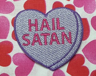 Hail Satan Candy Heart Patch, Valentine Emblem, Crude Candy Symbol, Fully Embroidered Heart Morale Patch
