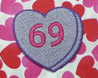 69 (Sixty-Nine) Candy Heart Patch, Valentine Emblem, Crude Candy Symbol, Fully Embroidered Heart Morale Patch