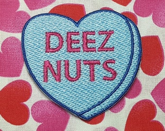 Deez Nuts Candy Heart Patch, Valentine Emblem, Crude Candy Symbol, Fully Embroidered Heart Morale Patch
