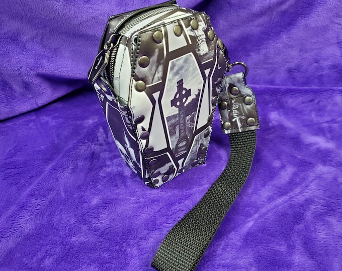 Gothic Graves Coffin Wristlet bag, Gothic Purse, Riveted Vinyl Coffin Zipper Tote, Horror Classic