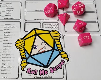 Anime Girl D20 Dice Sticker, Notice me Senpai, Roll me Senpai, Kawaii DND Sticker