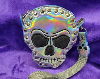 Holographic Skull Studded Wristlet bag, Small Gothic Purse, Riveted Skull  Zipper Tote, Futuristic, Retro Skull