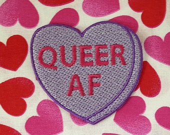 Queer AF Candy Heart Patch, Valentine Emblem, Crude Candy Symbol, Fully Embroidered Heart Morale Patch
