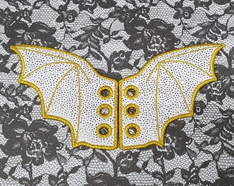 White and Gold Bat Shoelace Wings, Kawaii Spooky Shoe Accessory, Embroidered Vinyl Cute Boot Accent, Sneaker Lace Dragon Wings, Roller Skate