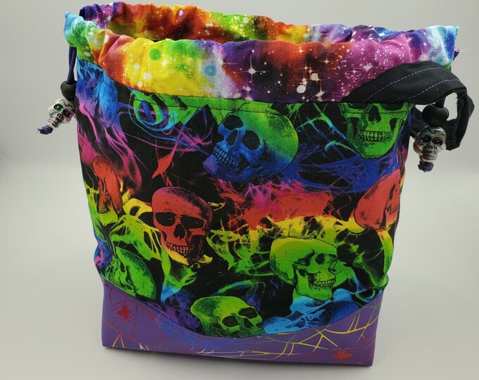 Spiders and Skulls Rainbow Dice Bag, Halloween Cinch Purse for Crafts, Vinyl Bottom Bag with Skull Charms and Inner Pockets
