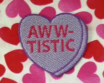 Aww-tistic Candy Heart Patch, Valentine Emblem, Crude Candy Symbol, Fully Embroidered Heart Morale Patch