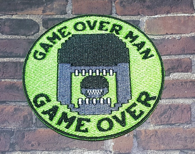 8-Bit Game Over Alien Patch, Fully Embroidered Arcade Xenomorph Badge, Sci-Fi Monster Emblem