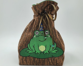 Embroidered Frog Wizard Dice Bag, Tarot Deck Purse, Druid Spell Card Sack, Dungeons and Dragons Dice Pouch, Gift for Witch Familiar