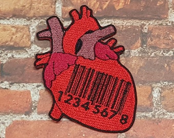 Barcode Heart Patch, Genetic Company Badge, Gothic Opera Label, Cult Hit Musical Halloween Patch, Cyberpunk Organ Patch