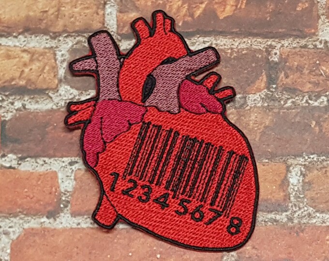 Barcode Heart Patch, Genetic Company Badge, Gothic Opera Label, Cult Hit Musical Halloween Patch, Cyberpunk Organ Patch