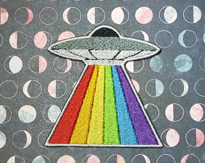 UFO Rainbow Patch Fully Embroidered with Glow in the Dark Border, Pride Space Invader Badge, Gay Alien Conspiracy, Perfect Gift for LGBTQ+
