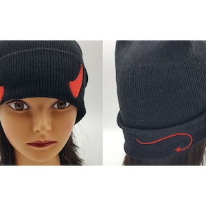 Diabelska czapka, czarownicza moda, czapka z rogami i ogonem demona, mała czapka z dzianiny diabła, ciepła i wygodna czapka z czaszką, idealny prezent dla gotyków