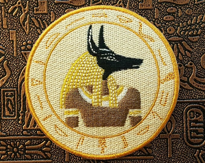 Ancient Egyptian-Inspired Anubis Fully Embroidered Patch, Pyramid Hieroglyph Emblem Vintage Egypt Symbol Perfect for Battle Vests or Jackets
