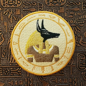 Ancient Egyptian-Inspired Anubis Fully Embroidered Patch, Pyramid Hieroglyph Emblem Vintage Egypt Symbol Perfect for Battle Vests or Jackets