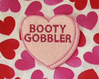 Booty Gobbler Candy Heart Patch, Valentine Emblem, Crude Candy Symbol, Fully Embroidered Heart Morale Patch