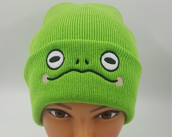 Green Frog Beanie, Kawaii Fashion, Swamp Cute Hat, Cottage Core Knitted Cap Warm and Comfortable Wizard Skull Cap Perfect Gift for Bog Witch