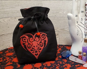 Embroidered Demon Heart Dice Bag, Tarot Deck Purse, Horror Spell Card Sack, Dungeons and Dragons Dice Pouch, Gift for Demon Lover