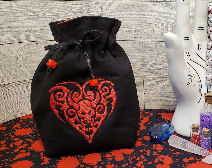 Embroidered Demon Heart Dice Bag, Tarot Deck Purse, Horror Spell Card Sack, Dungeons and Dragons Dice Pouch, Gift for Demon Lover