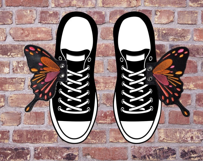 Butterfly Shoe Wings, Neon Black , Kawaii Shoe Accessory, Embroidered Vinyl Cute Boot Accent, Sneaker Lace Dragon Wings, Roller Skate