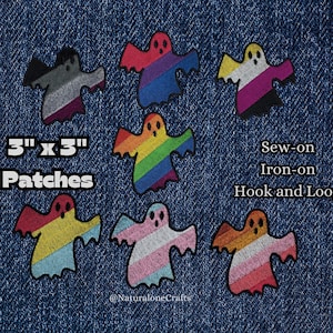 May include: Seven 3-inch by 3-inch iron-on, sew-on, or hook and loop patches featuring ghost silhouettes with different pride flag designs. The flags include the transgender, lesbian, bisexual, pansexual, genderqueer, asexual, and rainbow pride flags.
