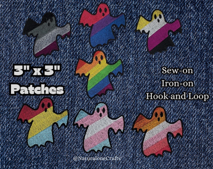 Cute Ghost Pride Flag Patches, LGBTQIA+ Halloween Emblems, Spooky Gay Patches, Custom Patches Available Upon Request