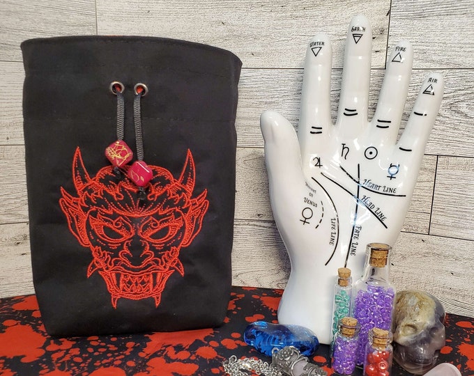 Embroidered Oni Mask Dice Bag, Tarot Deck Purse, Horror Spell Card Sack, Dungeons and Dragons Dice Pouch, Gift for Demon Lover