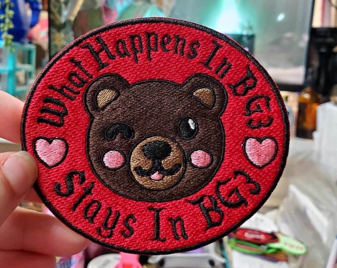 What Happens in BG3 Stays in BG3 Bear Patch, Popular RPG NPC Patch, Fully Embroidered Video Game Morale Patch