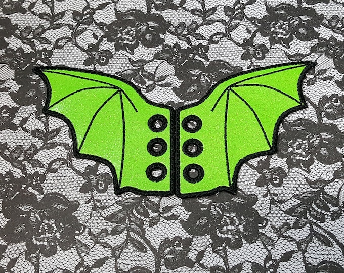 Glittery Green Bat Shoelace Wings, Kawaii Spooky Shoe Accessory, Embroidered Vinyl Cute Boot Accent, Sneaker Lace Dragon Wings, Roller Skate