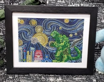 Starry Night Godzilla Framed Embroidery Art, Fully Embroidered Science Fiction Art, Popular Kaiju Movie Wall Piece, Nerdy Decor